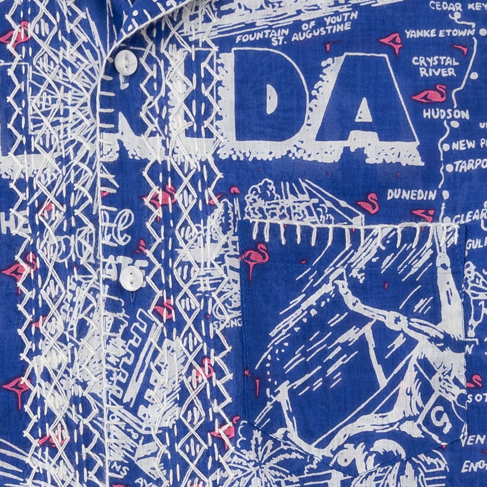 マッププリント ハワイアンシャツ ハンド刺繍 FLORIDA Blue / PIM7824map-25ms-c4