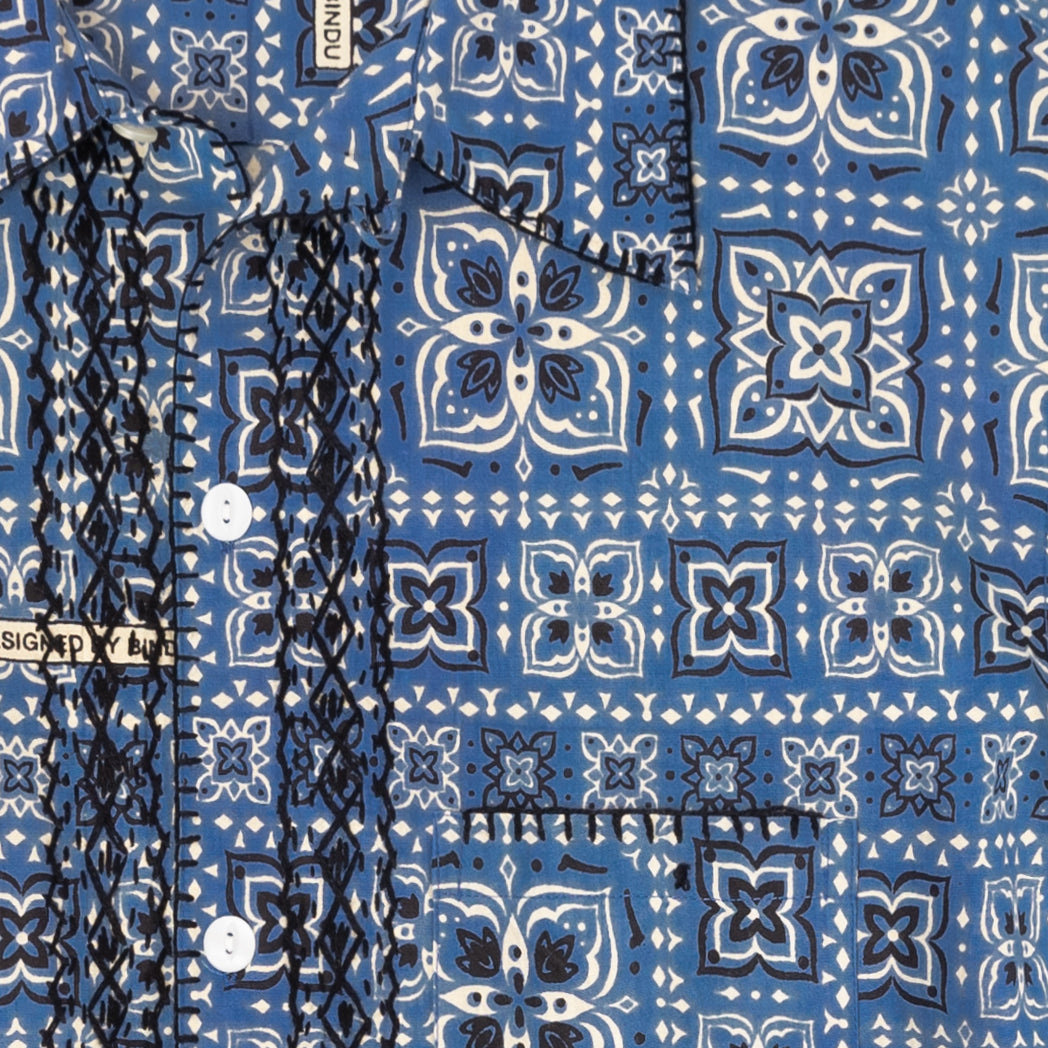 ”BRIAN“(ブライアン)プリンテッド・ハワイアンシャツ・ハンド刺繍 Federal Blue