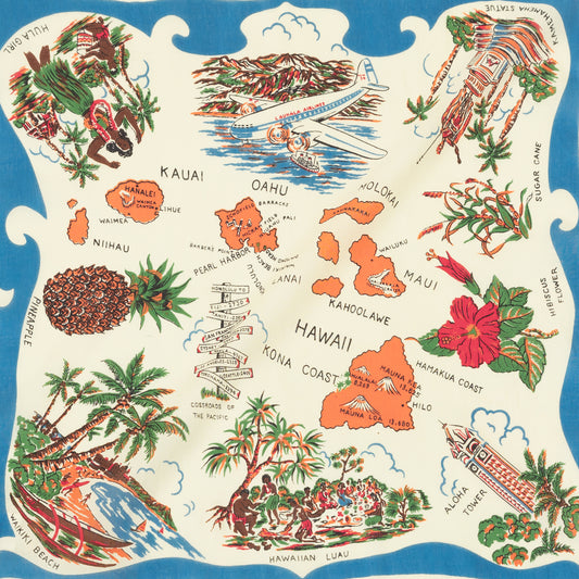 Hawaii “ (ハワイ)・ヴィンテージ風マッププリント スカーフ Blue