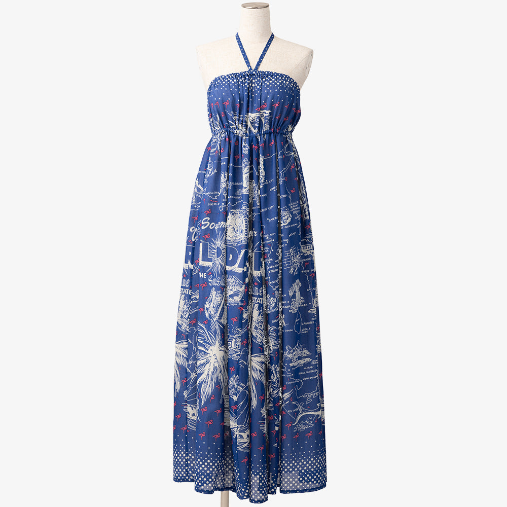 Map Print Halter Neck Long Dress FLORIDA Blue / BM956map25-25ms-c4
