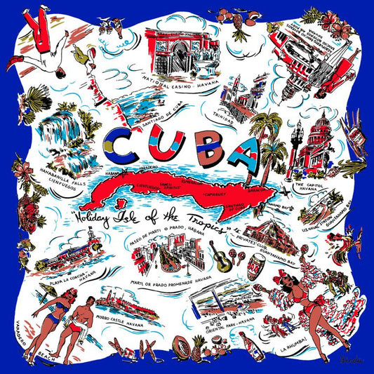Cuba “ (キューバ）・ヴィンテージ風マッププリント　スカーフ　Navy