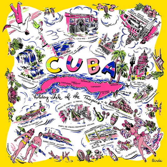 Cuba “ (キューバ)・ヴィンテージ風マッププリント スカーフ Yellow