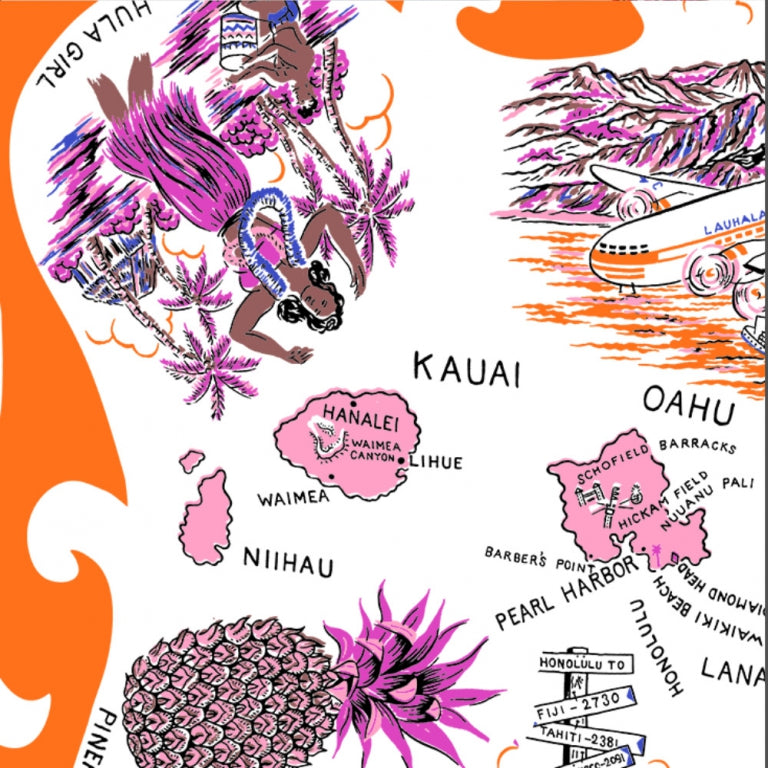 Hawaii “ (ハワイ）・ヴィンテージ風マッププリント　スカーフ Orange