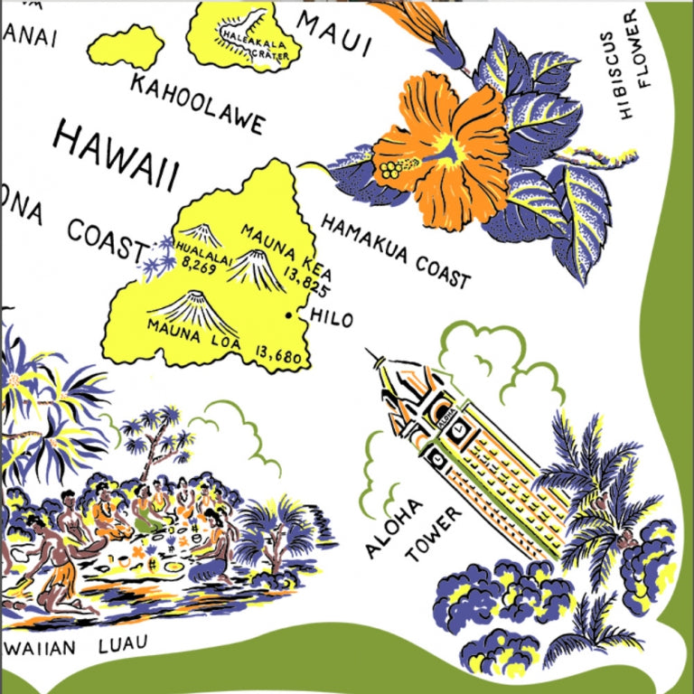 "Hawaii" Vintage Map Print Scarf Lt.green