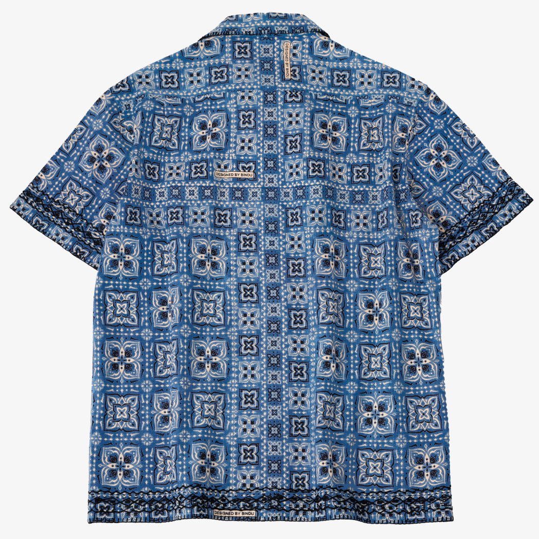 "BRIAN" Printed Hawaiian Shirt, Hand Embroidered, Federal Blue