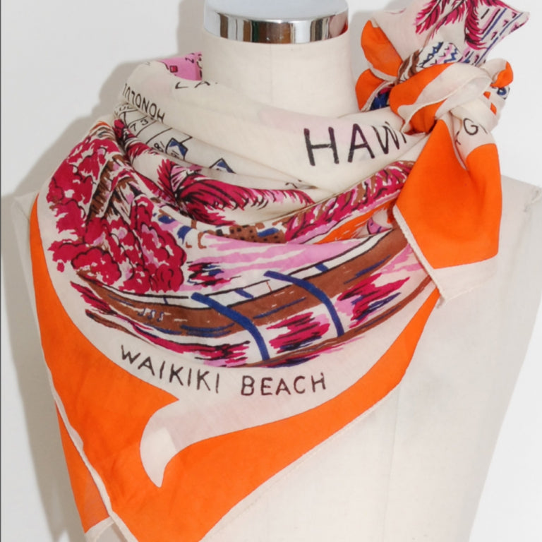Hawaii “ (ハワイ）・ヴィンテージ風マッププリント　スカーフ Orange